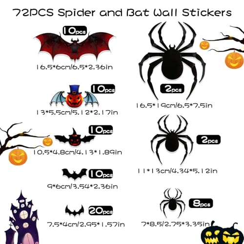 Halloween Bat and Spider Wall Decor Set - 72pcs Indoor Party Decorations