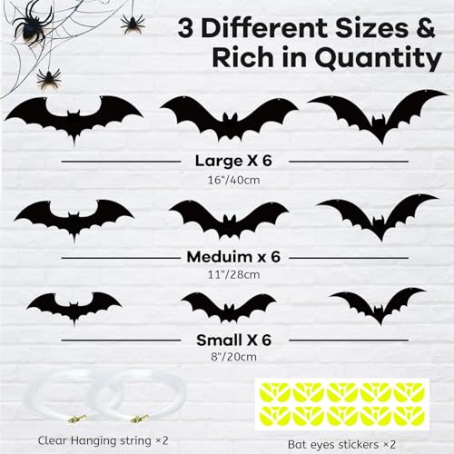 Halloween Hanging Bat Decorations Set - 18 Waterproof Creepy Bats with Glowing Eyes for Outdoor Yard and Party Decor