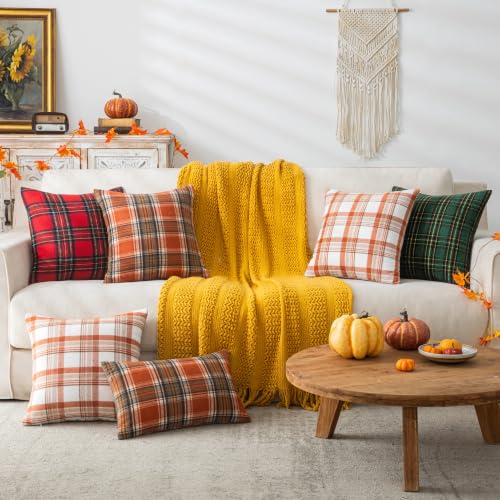 Fall Plaid Throw Pillow Covers Set of 2 - Orange 16x16 Inches, Autumn Decor