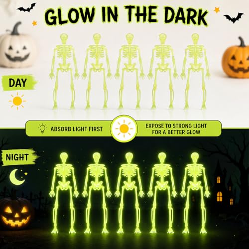 Glow in The Dark Mini Skeleton Decorations Set - 12 Pack, 6 Inch Halloween Hanging Figures with Twine