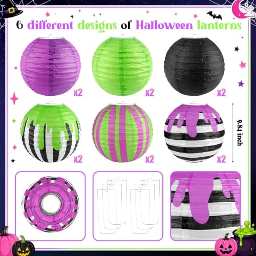 Halloween Paper Lanterns Set - 12 Black, Purple, Green Striped Decor, 10 Inch