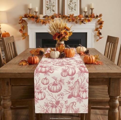 Fall Pumpkin Table Runner Pink 13x72 Inch Thanksgiving Decor