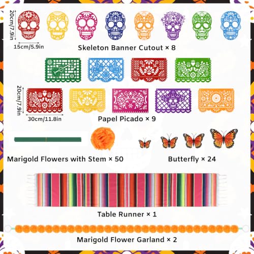 Large Dia De Los Muertos Decorations Set with Marigolds & Butterflies - Stripe
