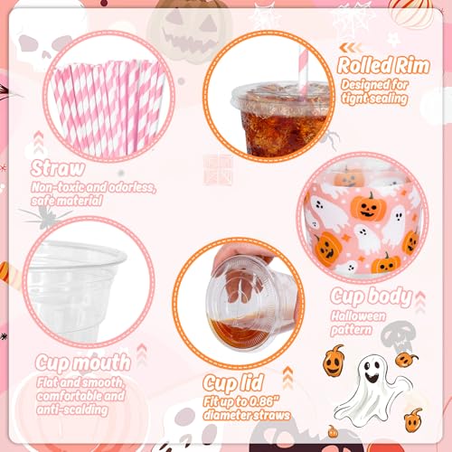 Pink Halloween Disposable Plastic Cups with Lids and Straws - 50 Pack, 12 oz
