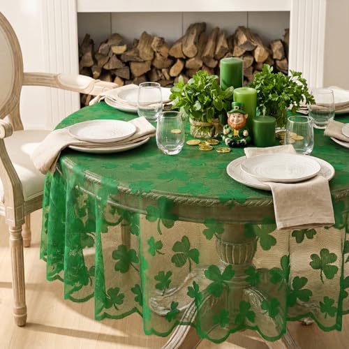 Horaldaily St. Patrick's Day Round Lace Tablecloth 60x60 Inch Green Shamrock