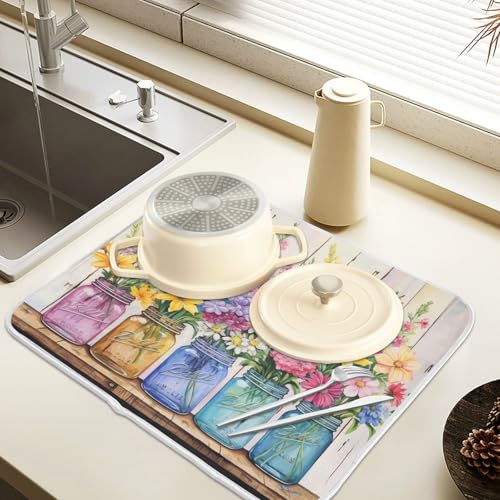 24x18 Inch Floral Jars Dish Drying Mat for Kitchen Counter Absorbent Microfiber