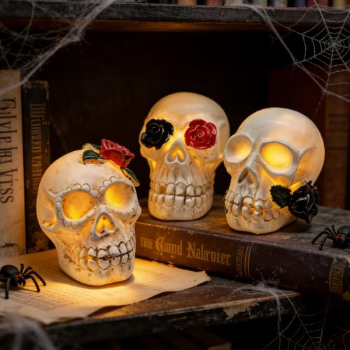 Halloween Skull Figurine Set Gothic Skull Decor with Roses - Color4