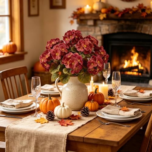 Artificial Fall Flowers for Outdoors - 6PCS Silk Geraniums - Dark Red - Seasonal Autumn Decor
