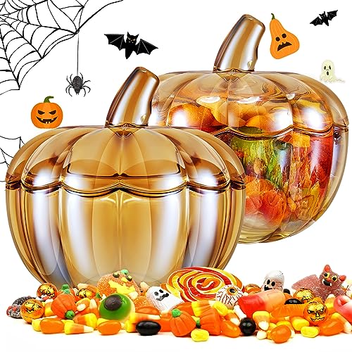 Glass Pumpkin Candy Jar with Lid - Large Amber Halloween Decor, 17x17.5cm