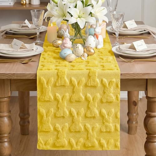 Yellow Plush Faux Fur Bunny Rabbit Easter Table Runner 13x72 Inch - Seasonal Kitchen Decor