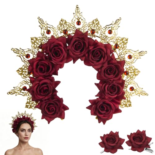 Red Halloween Flower Crown Headpiece for Catrina Costume Gothic Decor