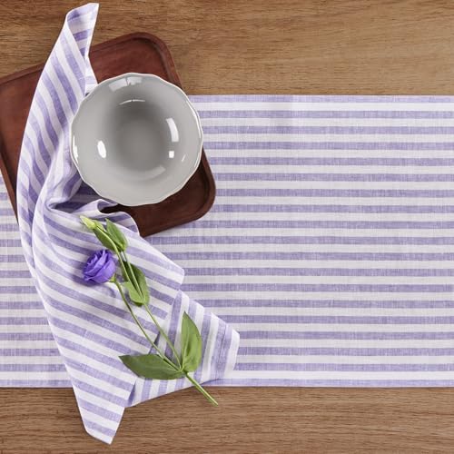 Violet and White Linen Table Runner 14x36 Inches - Handcrafted European Flax