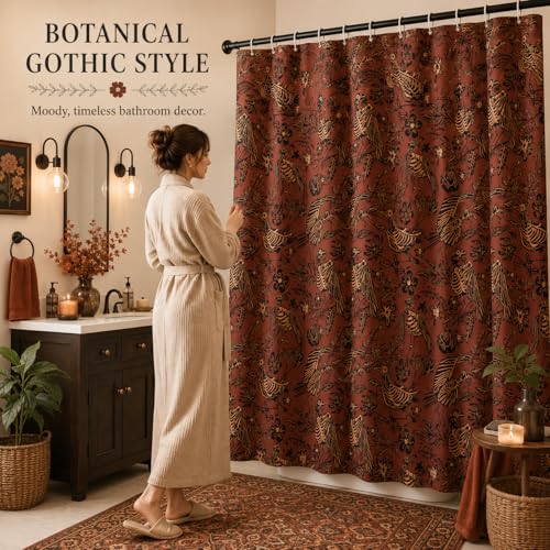 Gothic Bird Skeleton Shower Curtain with Hooks - Halloween Bathroom Decor
