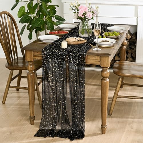 Horaldaily Black Gold Star Gauze Tablecloth 60x84 Inch Rectangular - Durable Polyester Home Decor