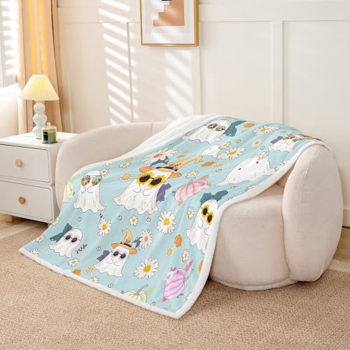 Cyan Throw Blanket for Halloween Boho Daisies & Ghost Decor 50x60