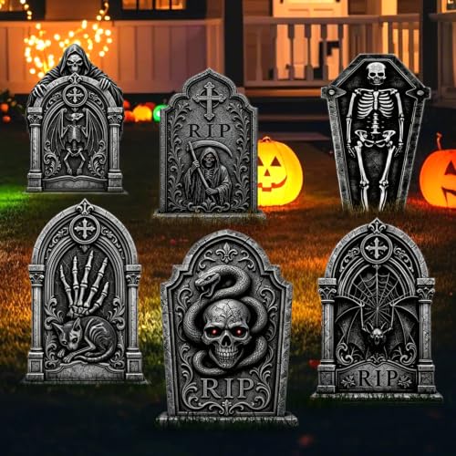 17 Inch Halloween Skeleton Tombstones Outdoor Decorations - 6 Pack Spooky Cemetery Set