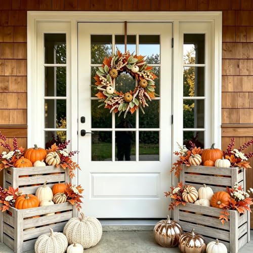 18 Inch Fall Pumpkin Wreath for Front Door - Small Version, Autumn Decor