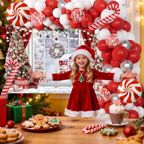 Red Christmas Balloon Arch Kit with Snow & Candy Cane Balloons & Backdrop