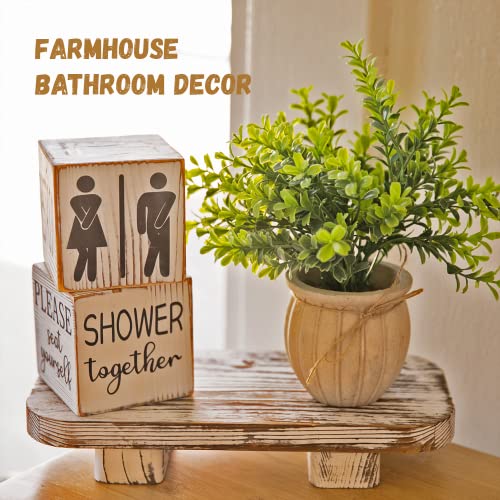 Funny Bathroom Decor Signs Wooden Blocks with Plant & Tray - Rustic Farmhouse Toilet Decor