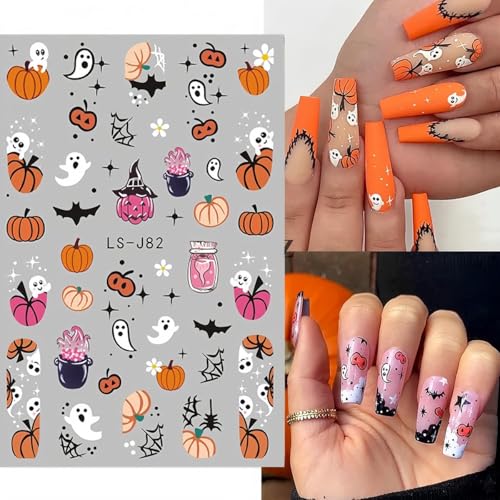Halloween Nail Stickers Set - Pumpkin Ghost Bat Skull 3D Self-Adhesive Nail Art Decals - Style C