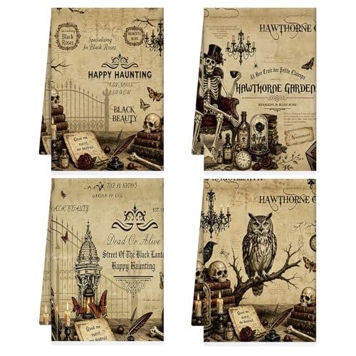Vintage Halloween Kitchen Towels - Retro Gothic Skull Hand Towel Set