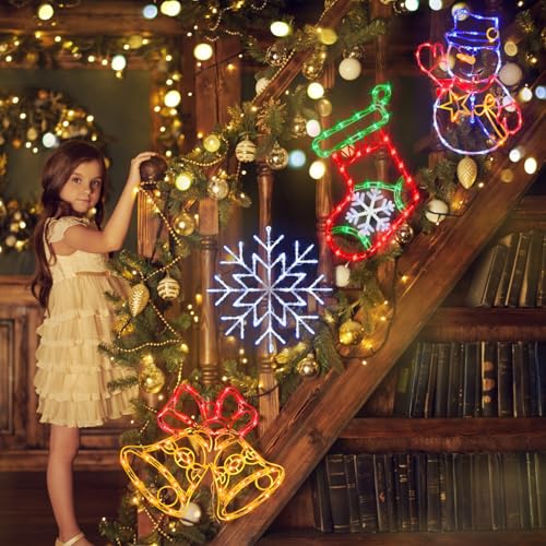 16-Inch Christmas Window Silhouette Lights Decorations with Snowman & Stocking & Bell & Snowflake - Outdoor Indoor Holiday Lights