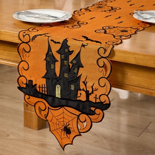 Halloween Table Runner 13x69 Inch Embroidered Spooky Bats & Spiders Decor