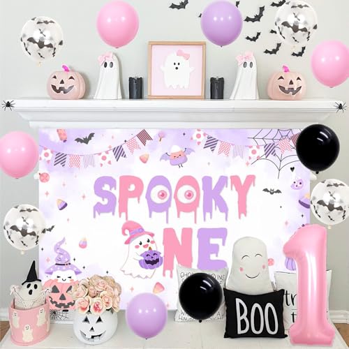 Halloween 1st Birthday Decorations Girl Spooky Party Supplies Pink Purple Black Balloons Cake Topper