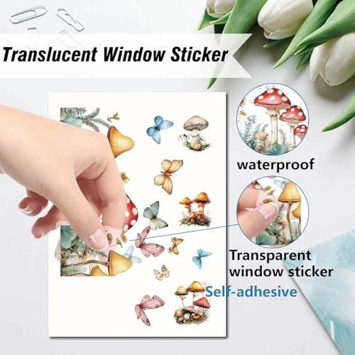 8 Sheets Mushroom Window Stickers - Translucent Waterproof Wall Decals for Bedroom Home & Restaurant