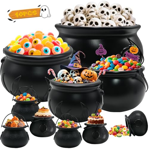 Halloween Cauldron Set - 10 Pack Large Plastic Candy Bowls for Trick-or-Treat & Party Decor