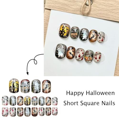 Halloween Short Square Press-On Nails with Blood Spider Web Bat Pumpkin Designs - 24Pcs