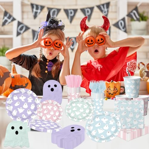 Pastel Halloween Ghost Paper Plates Napkins Cups Set for Parties - 156 pcs