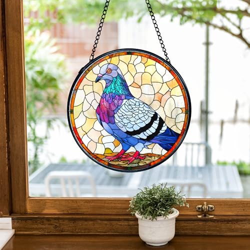 Stained Glass Bird Sun Catcher - Pigeon Window Decor with Metal Frame, 7.9 Inches