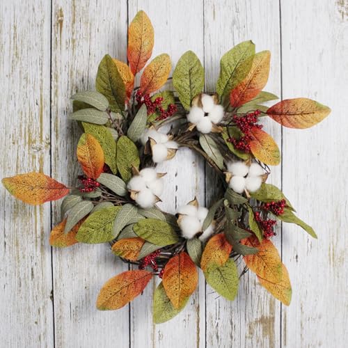 Artificial Fall Leaves Wreath with Cotton Pods and Berries - 12-Inch Autumn Decor, Variation of Cotton Pod Pip Berries/Fall Leaves/12"
