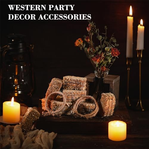 Mini Hay Bale Set - 12 Straw Bales with Hemp Rope Reins for Western Decor - 24 Pieces