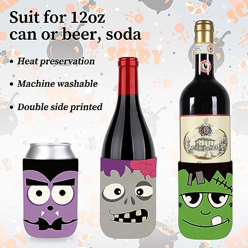Halloween Can Sleeves Set with Cute Pumpkin Bat Ghost Cat Designs - Reusable Insulated Beverage Covers
