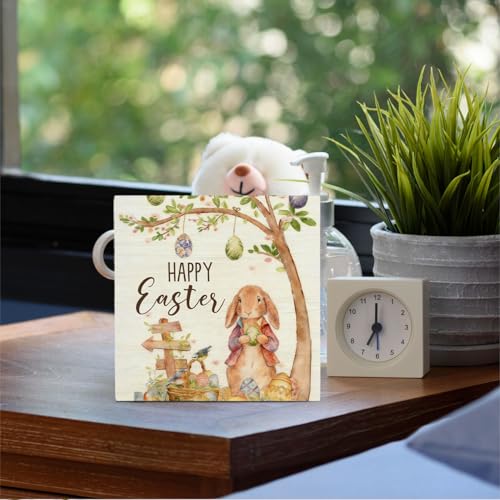 HYKDFMNCJ Bunny04 Easter Bunny Wooden Sign - Spring Desk Decor 5x5 Inch