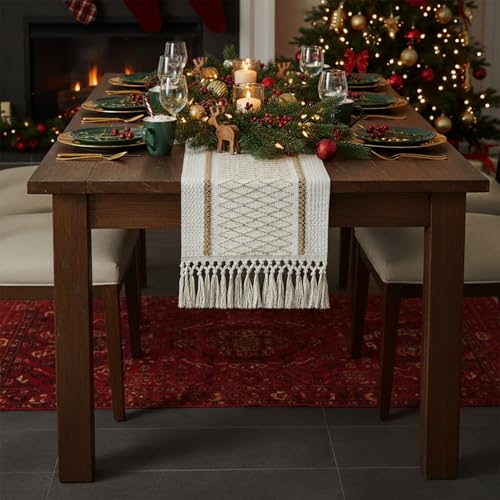 Hibate Brown Boho Macrame Table Runner 12x72 Inches for Rustic Home Decor - Variation: Boho_Brown / 12" W x 72" L