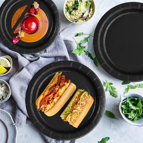 Black Disposable Paper Plates 7 Inch Set of 50 Heavy Duty Party Dinnerware