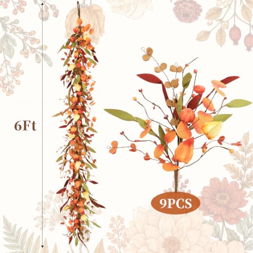 Fall Eucalyptus Pumpkin Leaves Garland - 6FT Autumn Autumnal Decor - Fall Garland with Sibling Variation