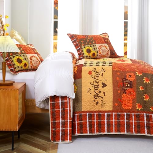 EVENHUG Fall Quilt Queen Size Bedding Set with Pillow Shams - Orange Brown Floral Pumpkin Design, 3 Pieces
