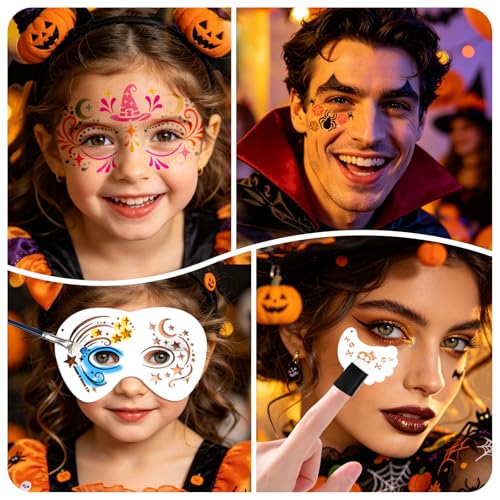 Metuu Red Halloween Face Paint Stencil Kit - Reusable Templates, Brushes & Accessories