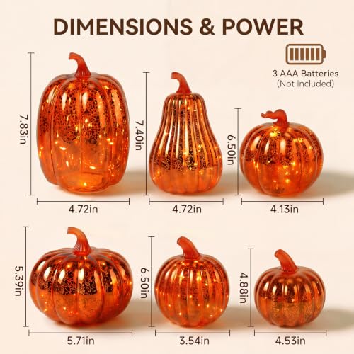 Glass Pumpkin Lights Set - 6 Orange Gold Mercury Glass Decor with Timer