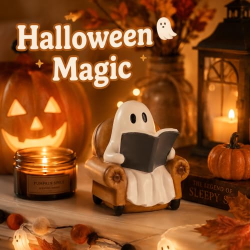 Indoor Halloween Ghost Reading Book Figurine - Cozy Spooky Home Decor - Brown Variation