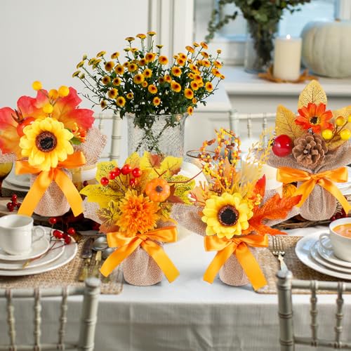 Set of 6 Fall Artificial Potted Flowers for Thanksgiving and Autumn Decor