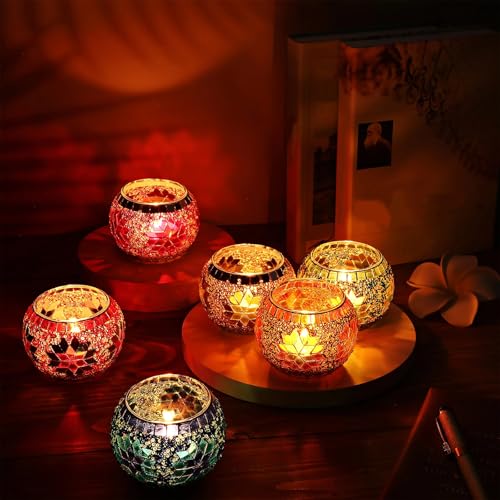 Diwali Candle Holders Set - Floral Mosaic Glass Tea Light Decor, 6 Pieces