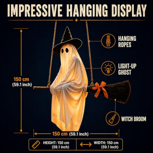 Halloween Flying Witch Ghost Decoration with Lighted Swing for Outdoor Yard & Porch
