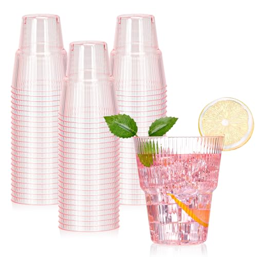 Pink Plastic Ribbed Wine Glasses 14 oz Disposable Cocktail Tumblers 100 Pack