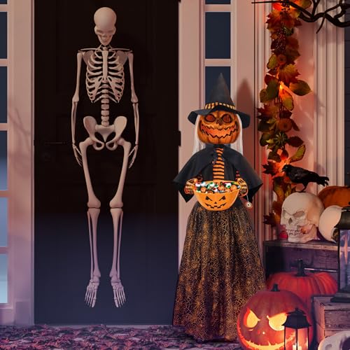 Animated Pumpkin Scarecrow with Candy Bowl Halloween Decoration - Sound Activated, Lights & Singing - 4.5ft - Pumpkin Scarecrow Variation
