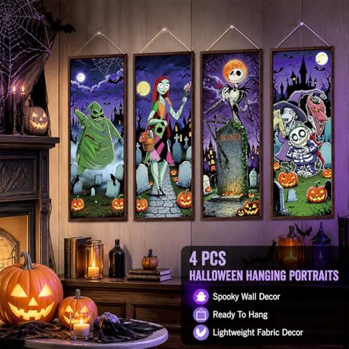 Halloween Decorations Set - 4 Retro Holiday Porch Banners for Doorway & Wall Decor